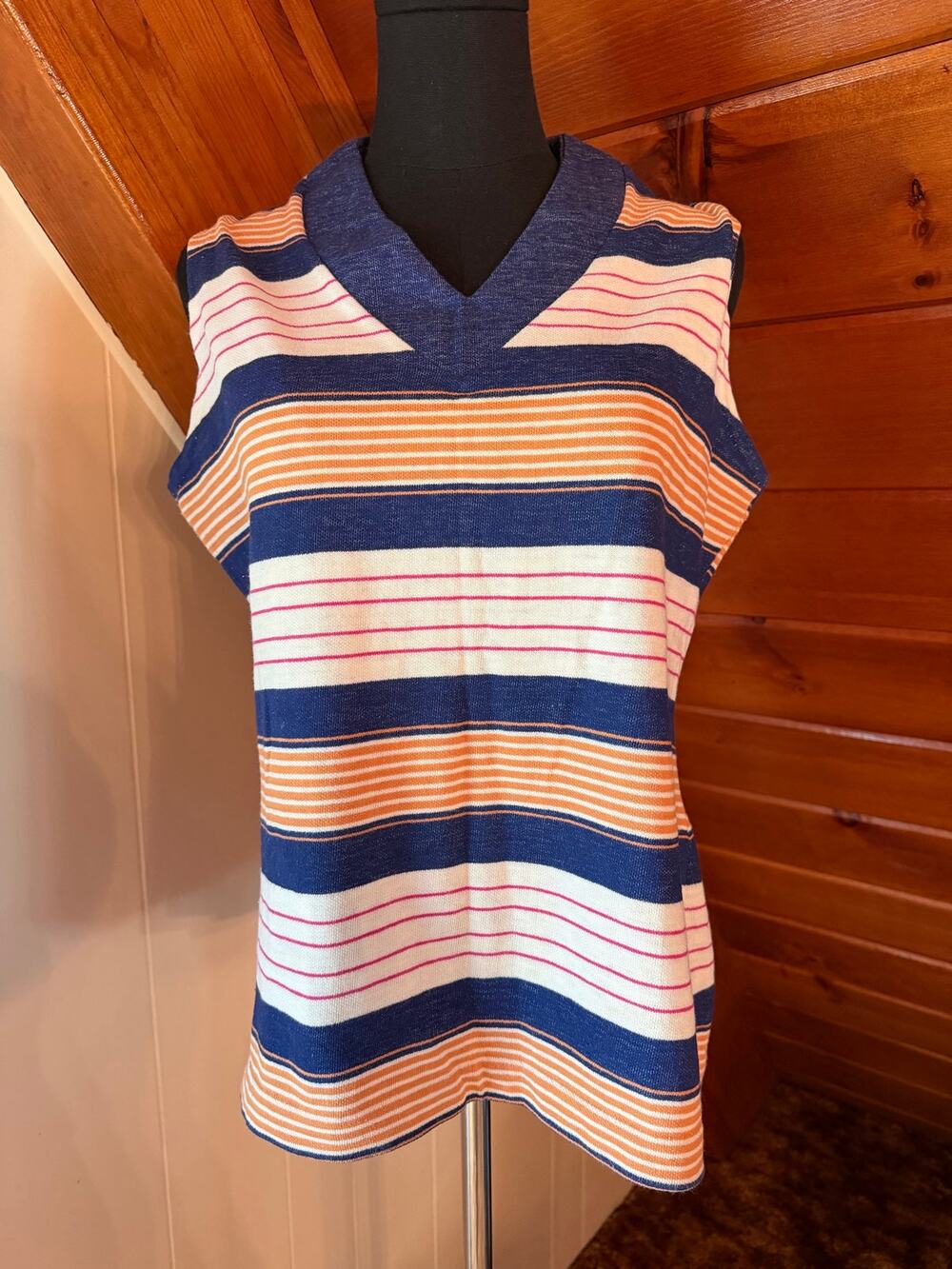 Vintage 60s 70s Sleeveless Striped Jane Colby Multicolor Knit Sweater Top sz L